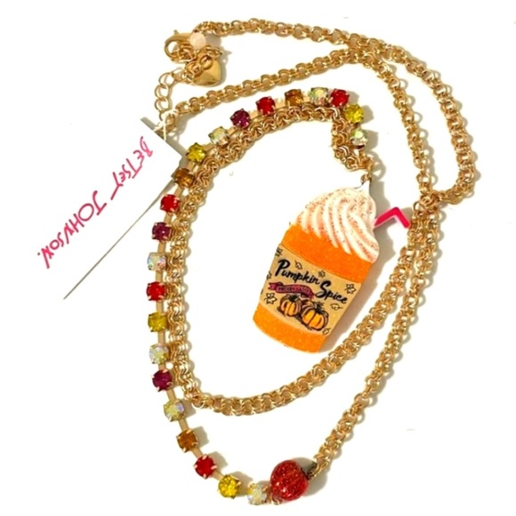 New Betsey Johnson Pumpkin Spice Pendant Fall Latte Crystal Necklace - Picture 10 of 13